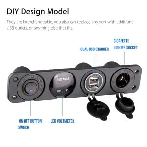 SOKET PANELİ 4'LÜ PANEL (1 AÇ-KAPA DĞME, 1 ÇİFTLİ USB GİRİŞ, 1 VOLTAJ GÖSTERGE, 1 12V ÇAKMAKLIK)